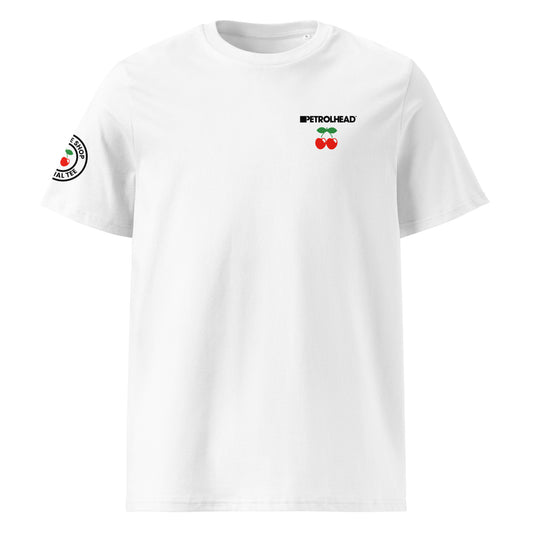 Front view of white unisex t-shirt with small black PETROLHEAD™ slogan and mini red cherries graphic on the left chest. DTF print, subtle car meet and club culture style.