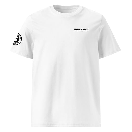 Front view of white unisex t-shirt with small black PETROLHEAD™ logo on the left chest. No cherries graphic. DTF print, perfect for clean, minimalist car meet style.