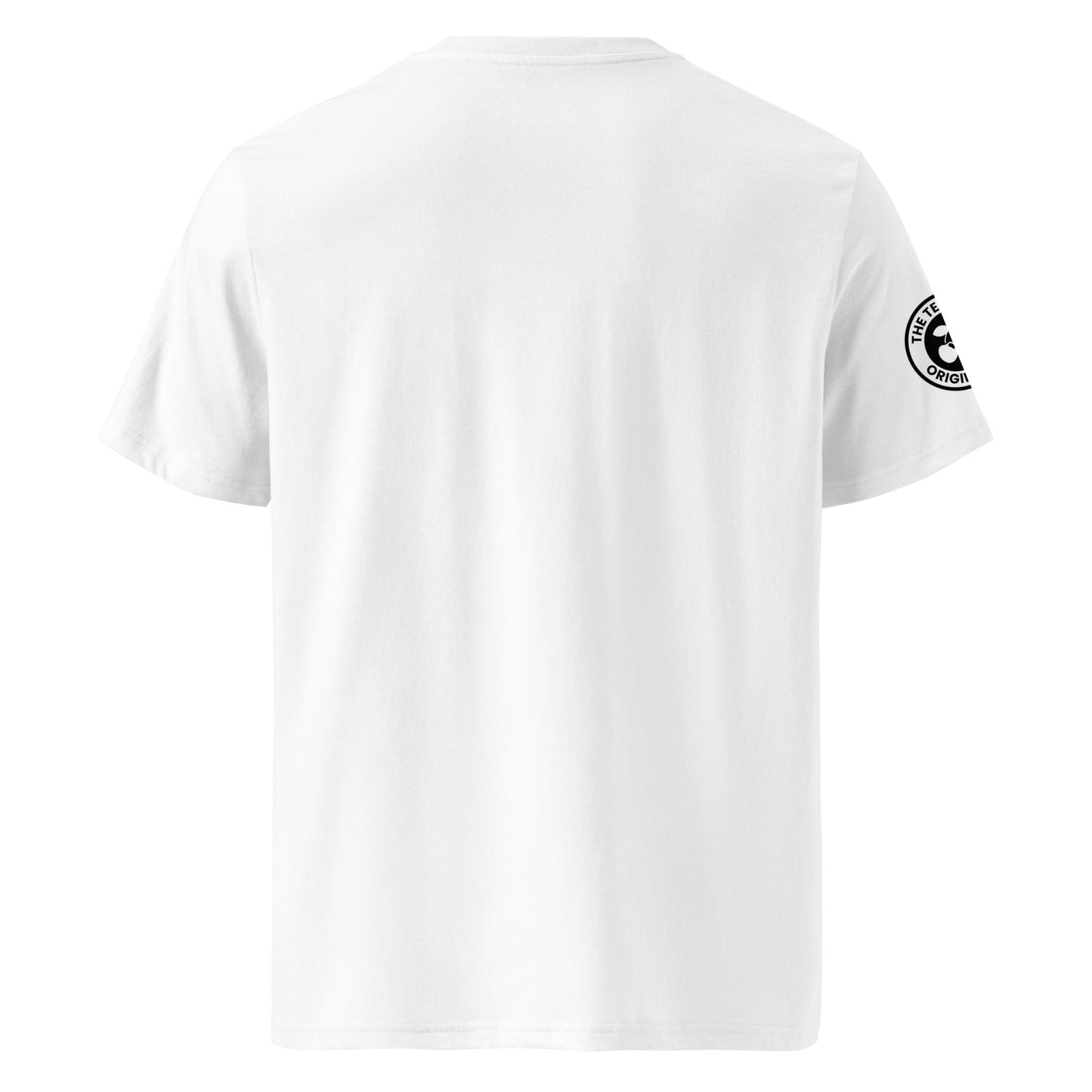 Back view of white unisex t-shirt with plain design. No rear print, highlighting the subtle front mini logo and sleeve patch. DTF print, perfect for understated car and music fans.
