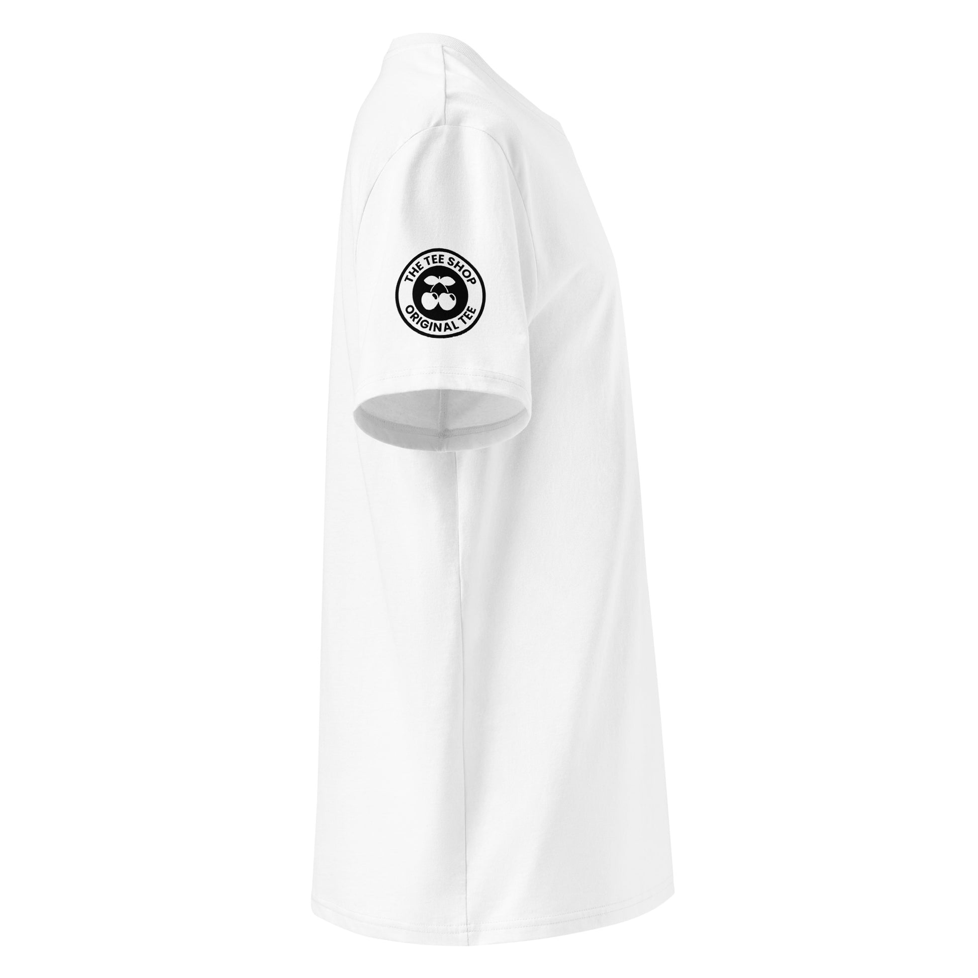 Right side view of white t-shirt showing The Tee Shop’s monochrome patch on the sleeve and edge of the small PETROLHEAD™ chest logo. No cherries graphic. DTF print, subtle car culture style.