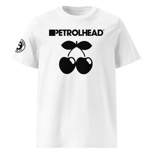 Front view of white unisex t-shirt with bold black PETROLHEAD™ slogan and large black cherries graphic below. DTF print, perfect for car meet and club culture fans.