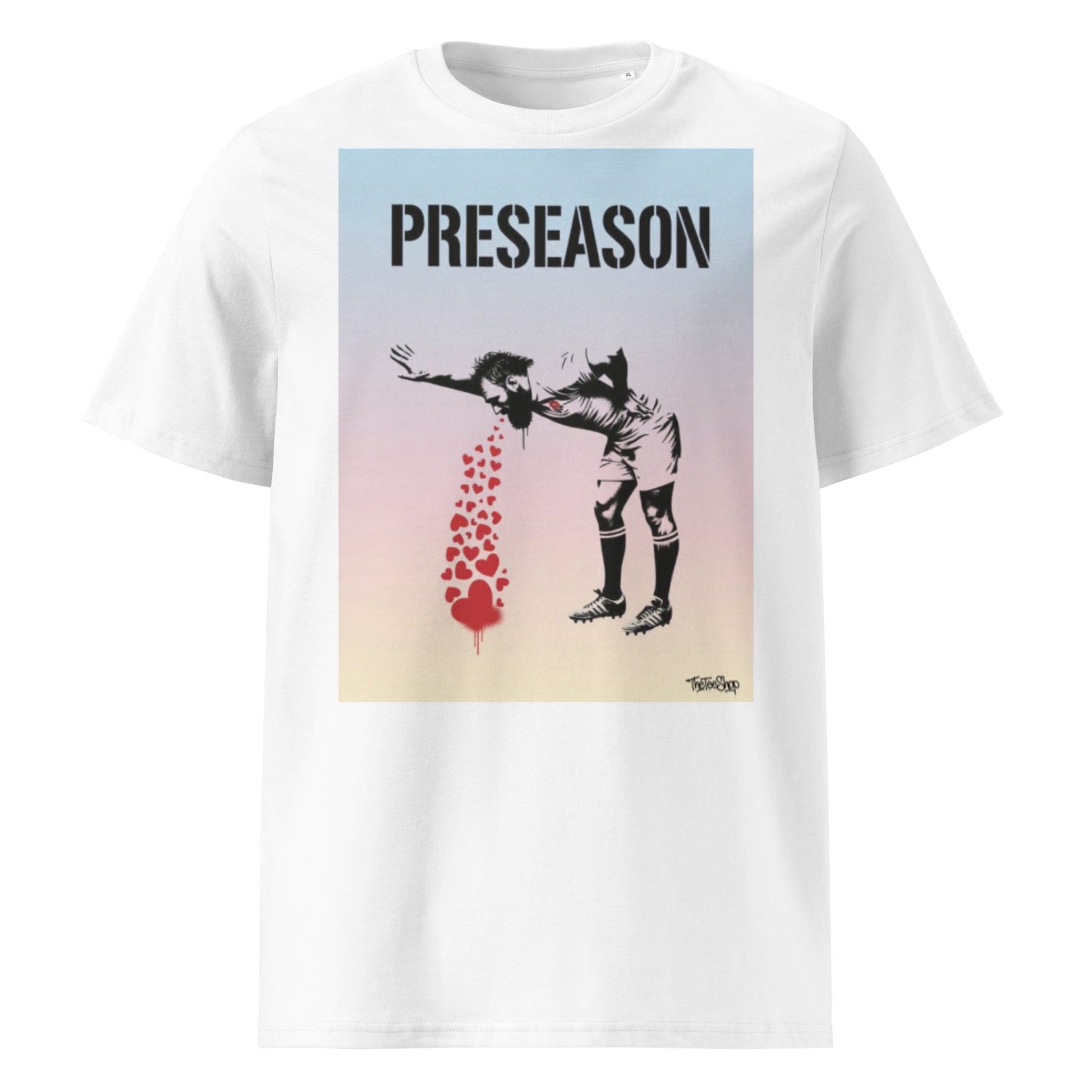 White t-shirt front view with a mixed pastel PRESEASON graphic and a funny rugby player illustration with hearts falling