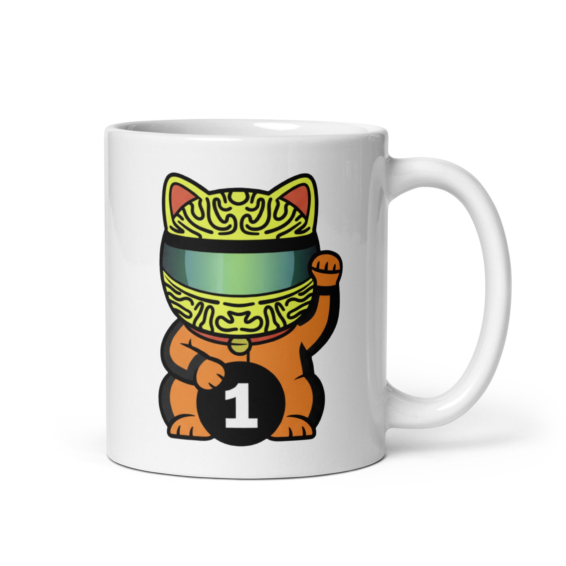 Motorsport-inspired lucky cat mug with papaya/orange kit styling and #1 coin detail perfect for race mornings, sleepovers, and desk flex energy.