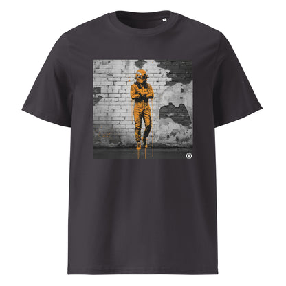 Anthracite organic cotton F1 t-shirt with Papaya Driver Mood graffiti art design, featuring a McLaren-inspired driver and vibrant papaya orange graffiti. Perfect for Papaya Army and McLaren F1 fans.