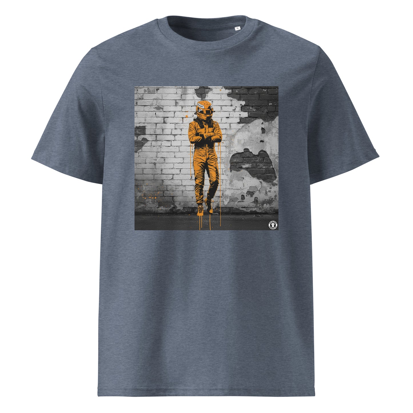 Dark Heather Blue organic cotton F1 t-shirt with Papaya Driver Mood graffiti art design, featuring a McLaren-inspired driver and vibrant papaya orange graffiti. Perfect for Papaya Army and McLaren F1 fans.