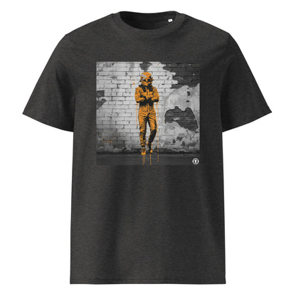 Dark Heather Grey organic cotton F1 t-shirt with Papaya Driver Mood graffiti art design, featuring a McLaren-inspired driver and vibrant papaya orange graffiti. Perfect for Papaya Army and McLaren F1 fans.