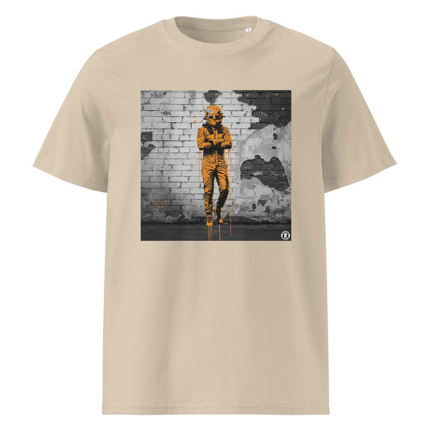 Desert Dust organic cotton F1 t-shirt with Papaya Driver Mood graffiti art design, featuring a McLaren-inspired driver and vibrant papaya orange graffiti. Perfect for Papaya Army and McLaren F1 fans.