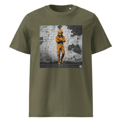 Khaki organic cotton F1 t-shirt with Papaya Driver Mood graffiti art design, featuring a McLaren-inspired driver and vibrant papaya orange graffiti. Perfect for Papaya Army and McLaren F1 fans.