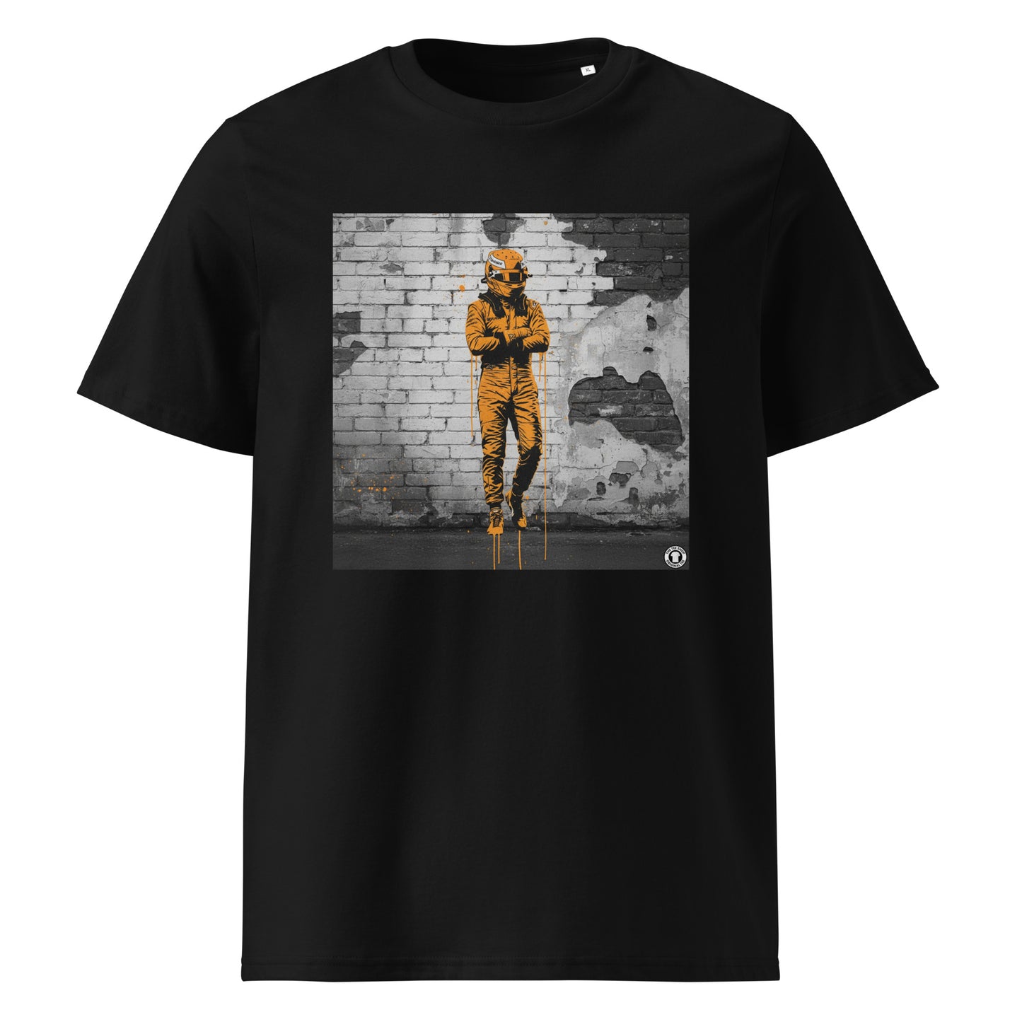 Black  organic cotton F1 t-shirt with Papaya Driver Mood graffiti art design, featuring a McLaren-inspired driver and vibrant papaya orange graffiti. Perfect for Papaya Army and McLaren F1 fans.