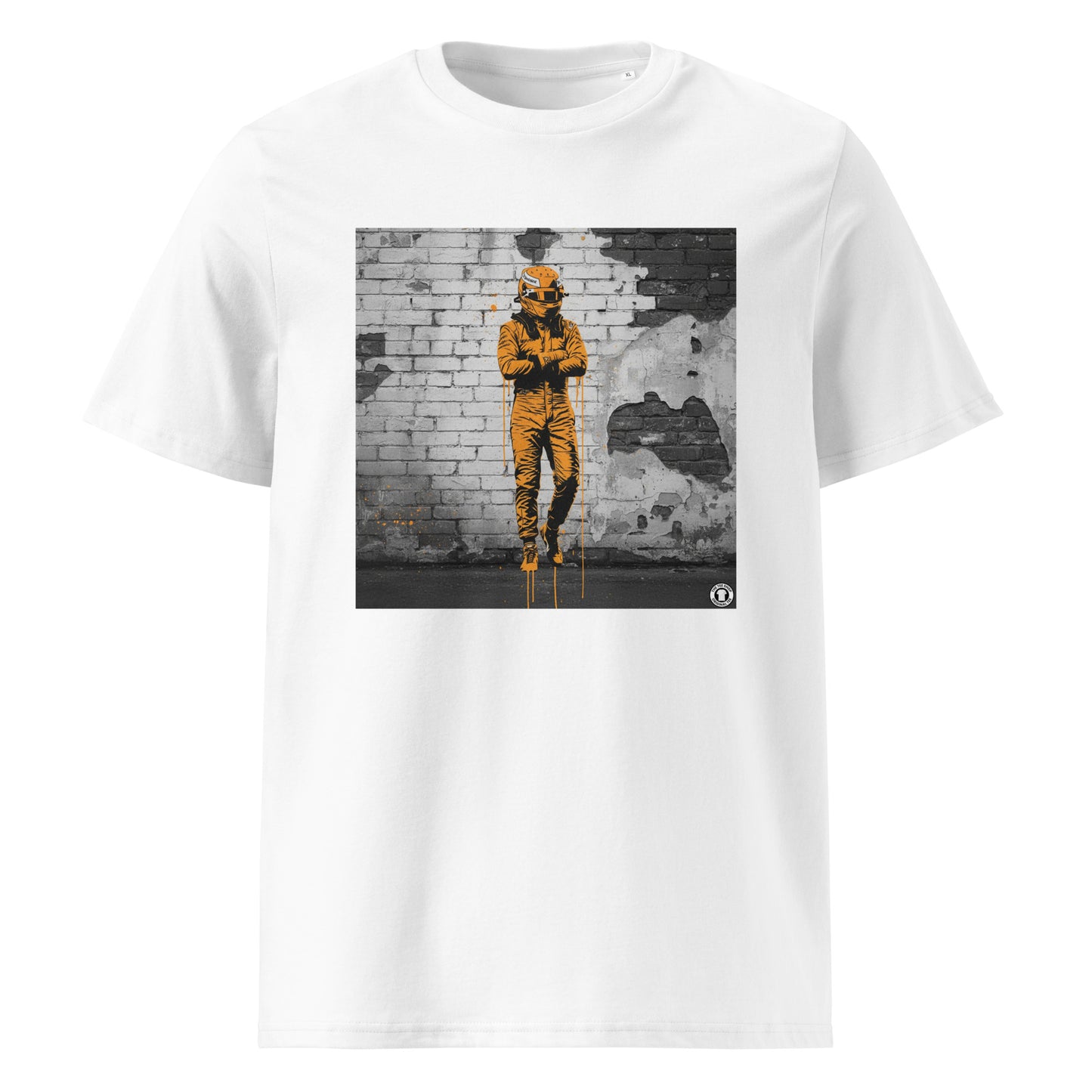 White organic cotton F1 t-shirt with Papaya Driver Mood graffiti art design, featuring a McLaren-inspired driver and vibrant papaya orange graffiti. Perfect for Papaya Army and McLaren F1 fans.