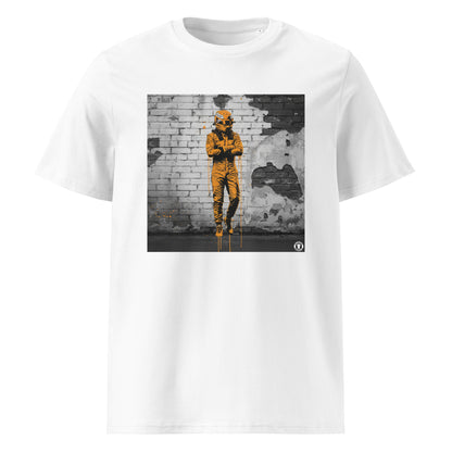 White organic cotton F1 t-shirt with Papaya Driver Mood graffiti art design, featuring a McLaren-inspired driver and vibrant papaya orange graffiti. Perfect for Papaya Army and McLaren F1 fans.