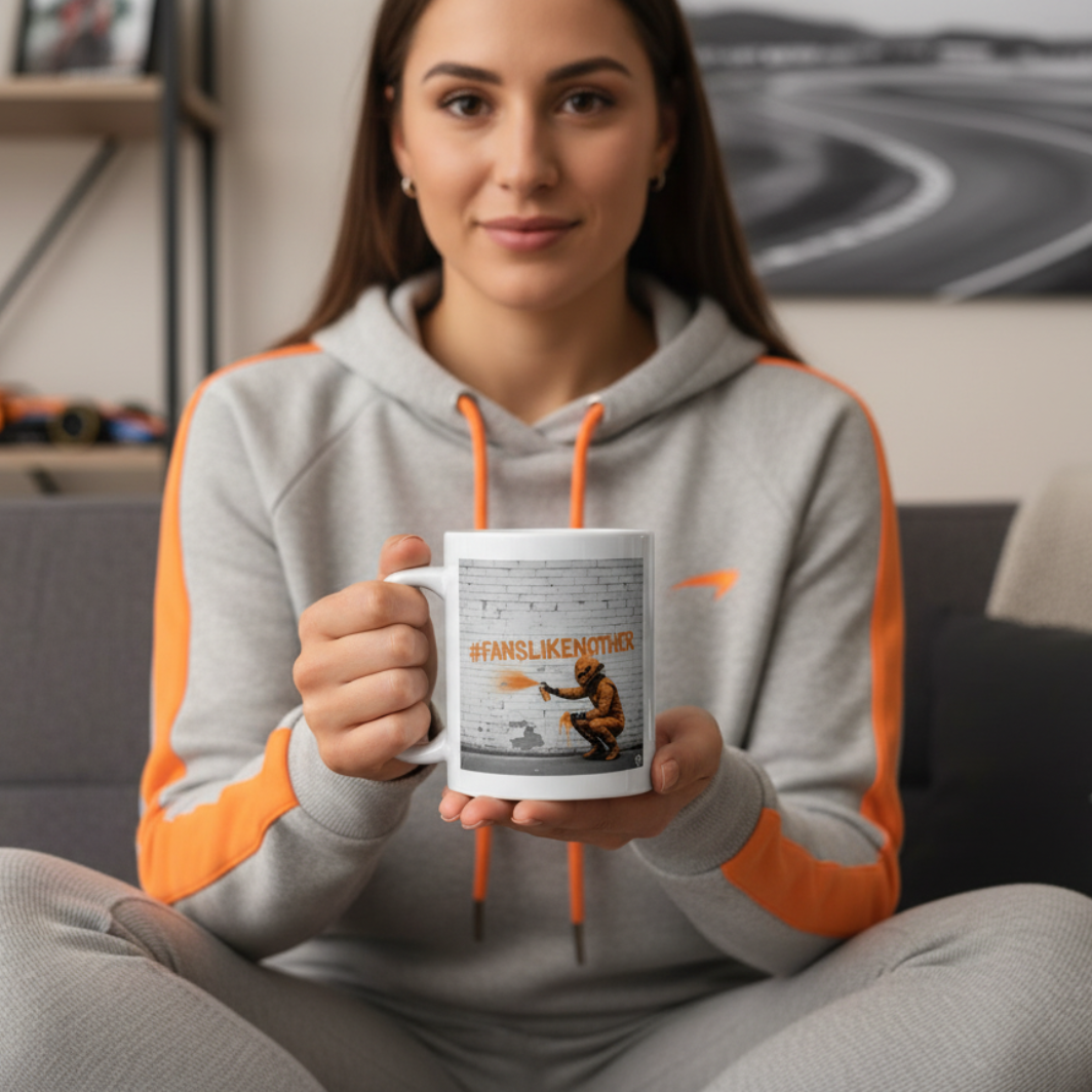 Female F1 fan in sporty homewear, clearly holding the Papaya Fans Like No Other Mug with the design facing the camera, relaxing on the sofa with McLaren or motorsport décor in the background.