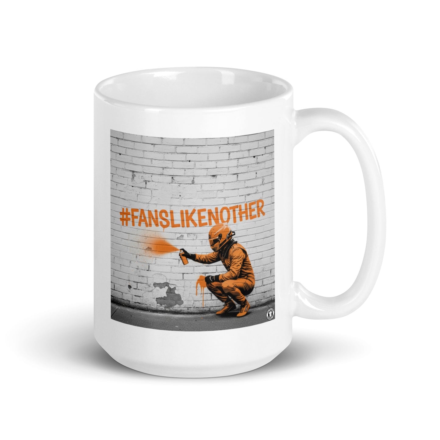White ceramic 15oz mug featuring a street art illustration of a racing driver spray-painting the hashtag #FANSLIKENOOTHER in papaya orange on a brick wall, inspired by McLaren F1 fans.