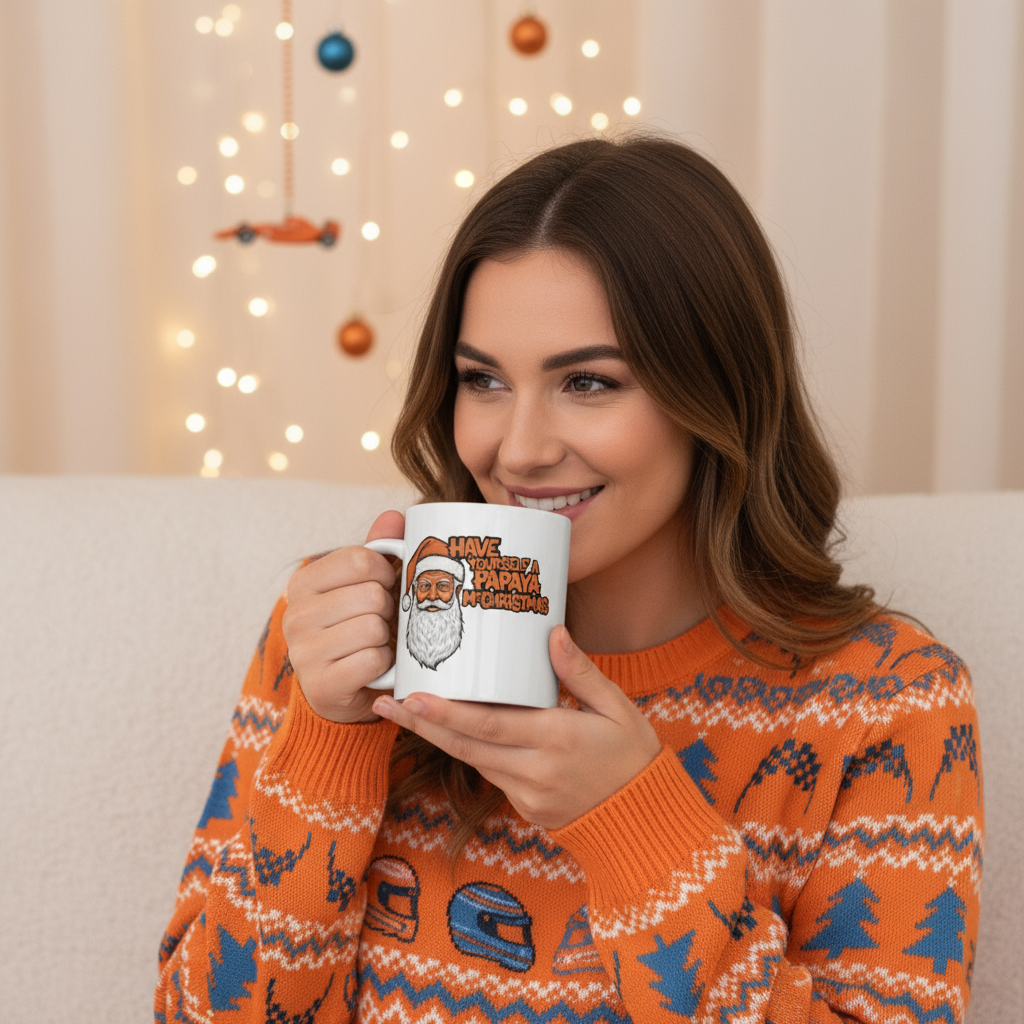 Female F1 fan in a papaya or McLaren-style Christmas jumper sipping from the Papaya McChristmas Mug II on a sofa, with warm Christmas lights and subtle papaya decorations.