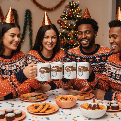 Group of F1 fans in papaya or McLaren-style Christmas apparel, all holding Papaya McChristmas Mug II mugs at a lively holiday gathering with papaya and Christmas decorations.