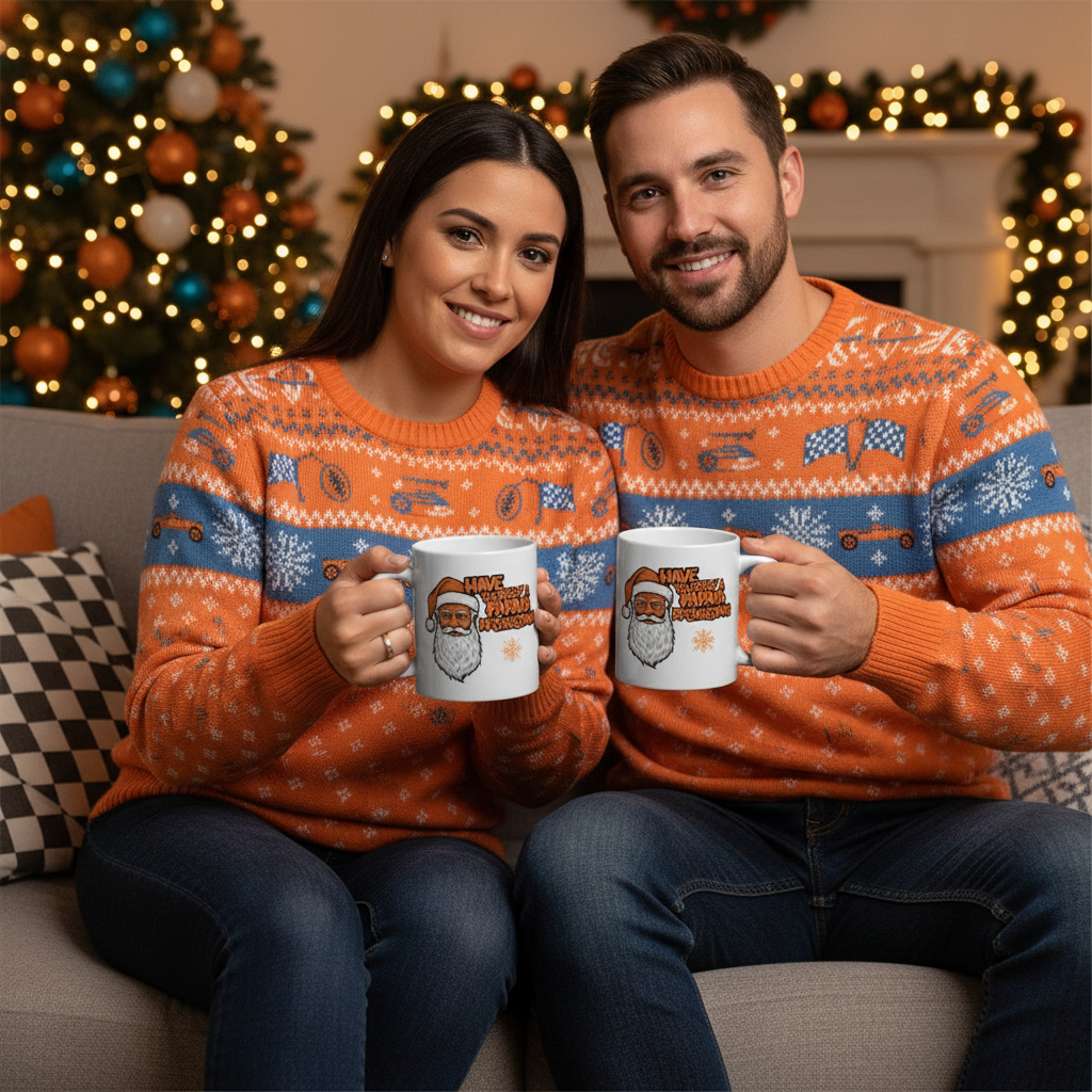 F1 fan couple in matching papaya or McLaren-style Christmas jumpers, each holding a Papaya McChristmas Mug II in a festive living room with a Christmas tree and papaya accents.