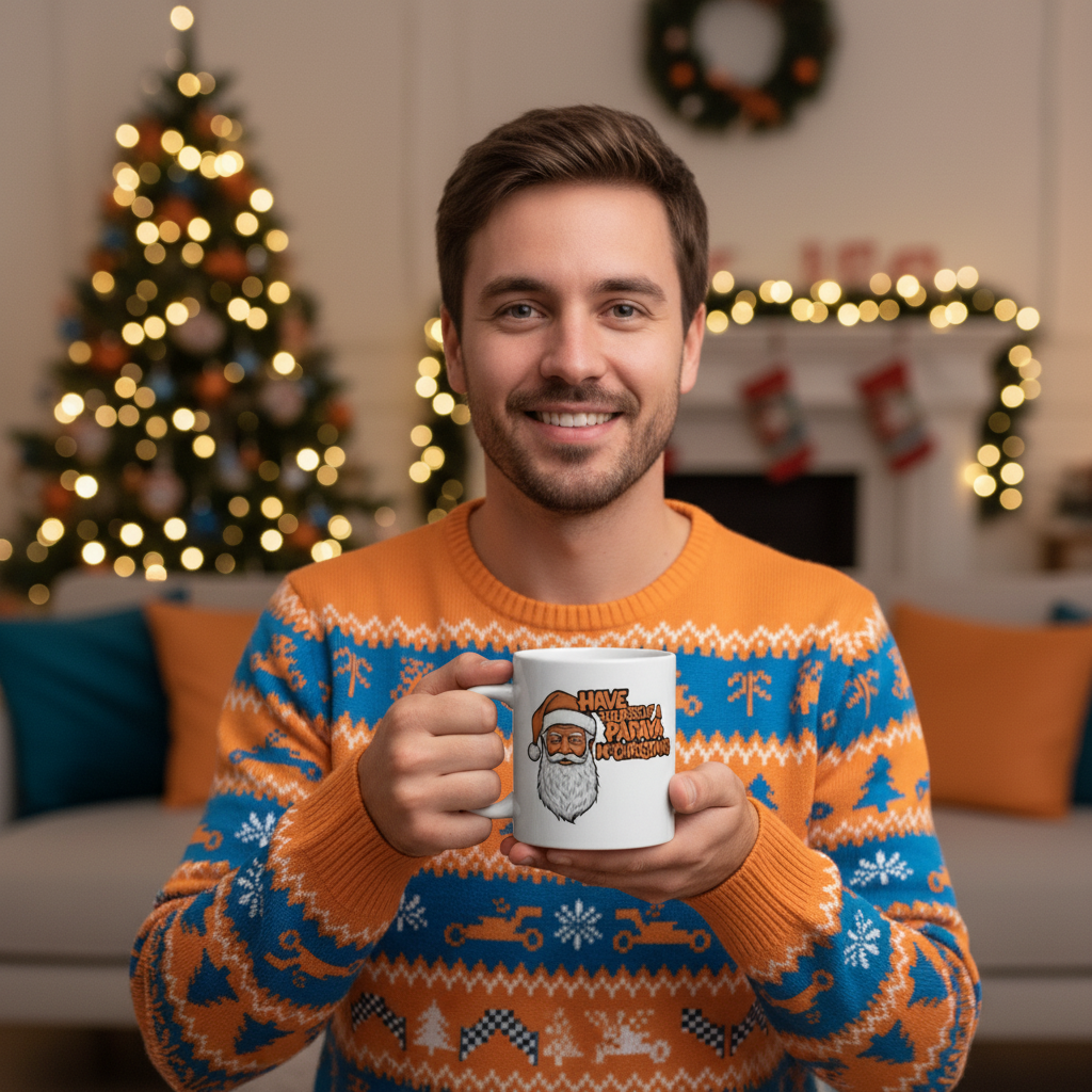 Male F1 fan in a papaya or McLaren-style Christmas jumper holding the Papaya McChristmas Mug II with Santa and “Have Yourself a Papaya McChristmas” artwork in a cosy, papaya-decorated living room.
