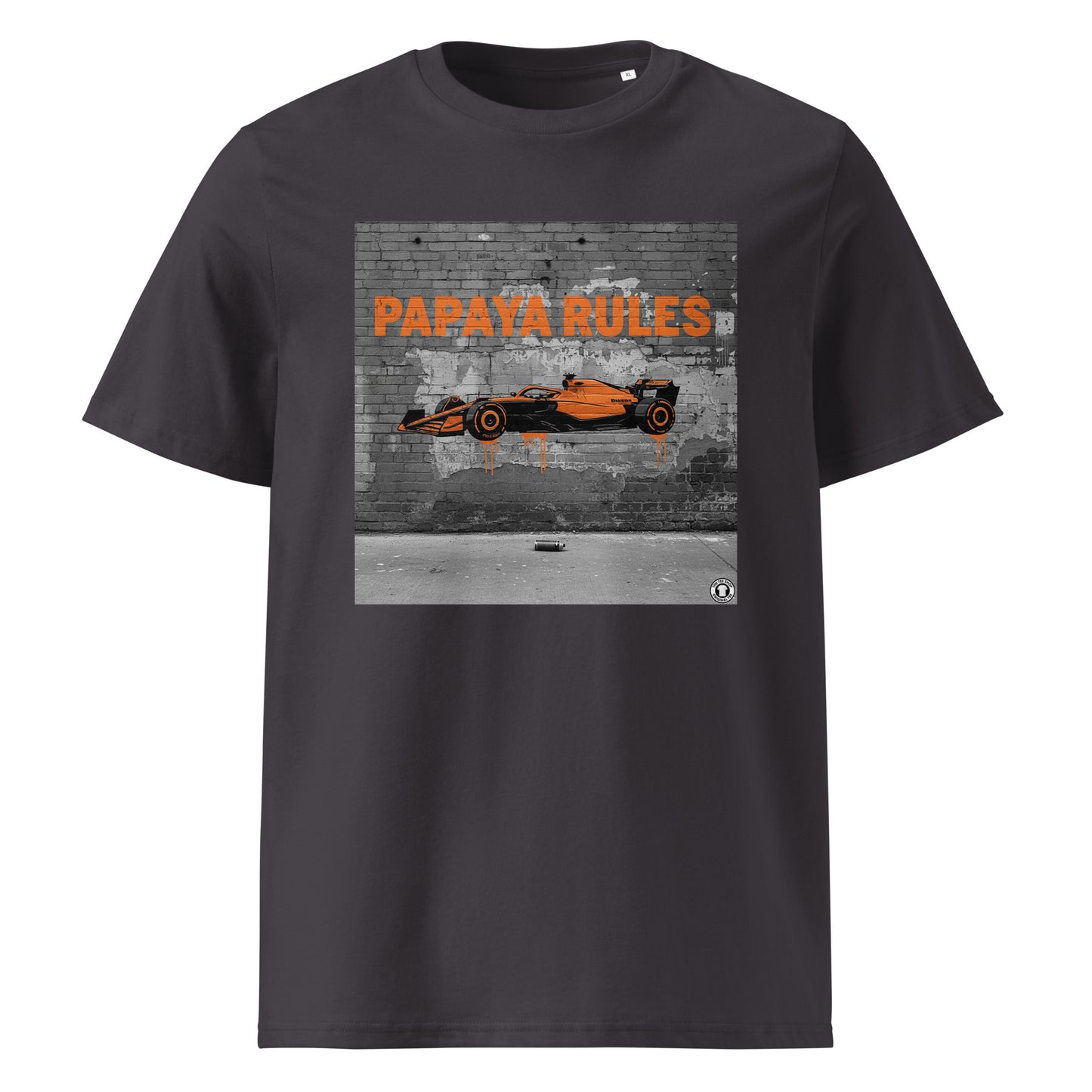 Anthracite organic cotton t-shirt with Papaya Rules 2.0 graffiti art featuring a papaya orange F1 car and bold street art, designed for McLaren fans by TheTeeShop.