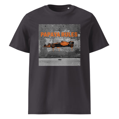 Anthracite organic cotton t-shirt with Papaya Rules 2.0 graffiti art featuring a papaya orange F1 car and bold street art, designed for McLaren fans by TheTeeShop.