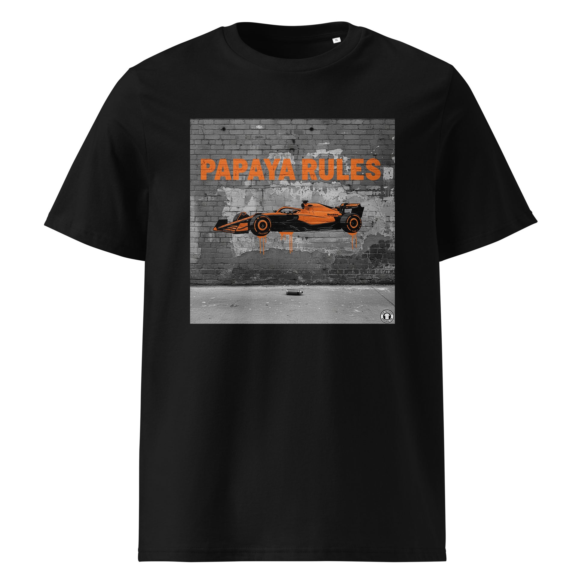 Black organic cotton t-shirt with Papaya Rules 2.0 graffiti art featuring a papaya orange F1 car and bold street art, designed for McLaren fans by TheTeeShop.