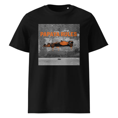 Black organic cotton t-shirt with Papaya Rules 2.0 graffiti art featuring a papaya orange F1 car and bold street art, designed for McLaren fans by TheTeeShop.