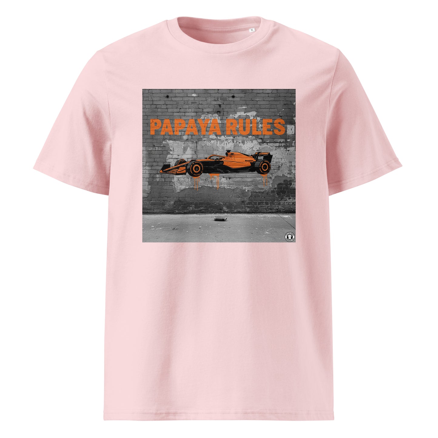 Cotton Pink organic cotton t-shirt with Papaya Rules 2.0 graffiti art featuring a papaya orange F1 car and bold street art, designed for McLaren fans by TheTeeShop.