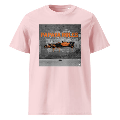 Cotton Pink organic cotton t-shirt with Papaya Rules 2.0 graffiti art featuring a papaya orange F1 car and bold street art, designed for McLaren fans by TheTeeShop.