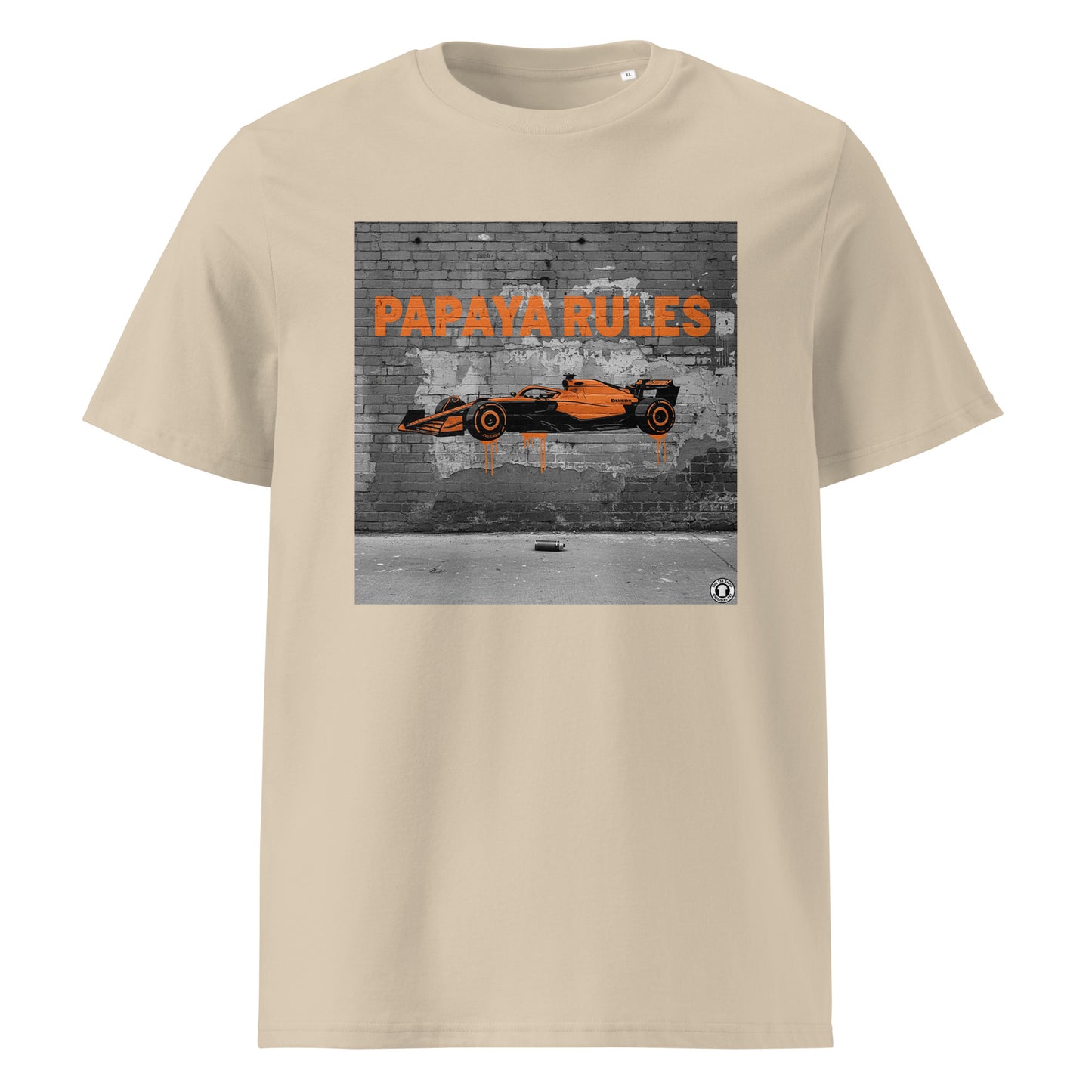 Desert Dust organic cotton t-shirt with Papaya Rules 2.0 graffiti art featuring a papaya orange F1 car and bold street art, designed for McLaren fans by TheTeeShop.