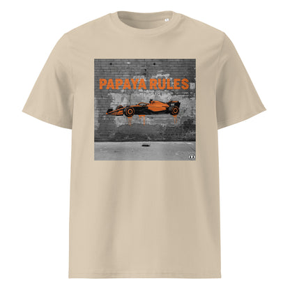 Desert Dust organic cotton t-shirt with Papaya Rules 2.0 graffiti art featuring a papaya orange F1 car and bold street art, designed for McLaren fans by TheTeeShop.