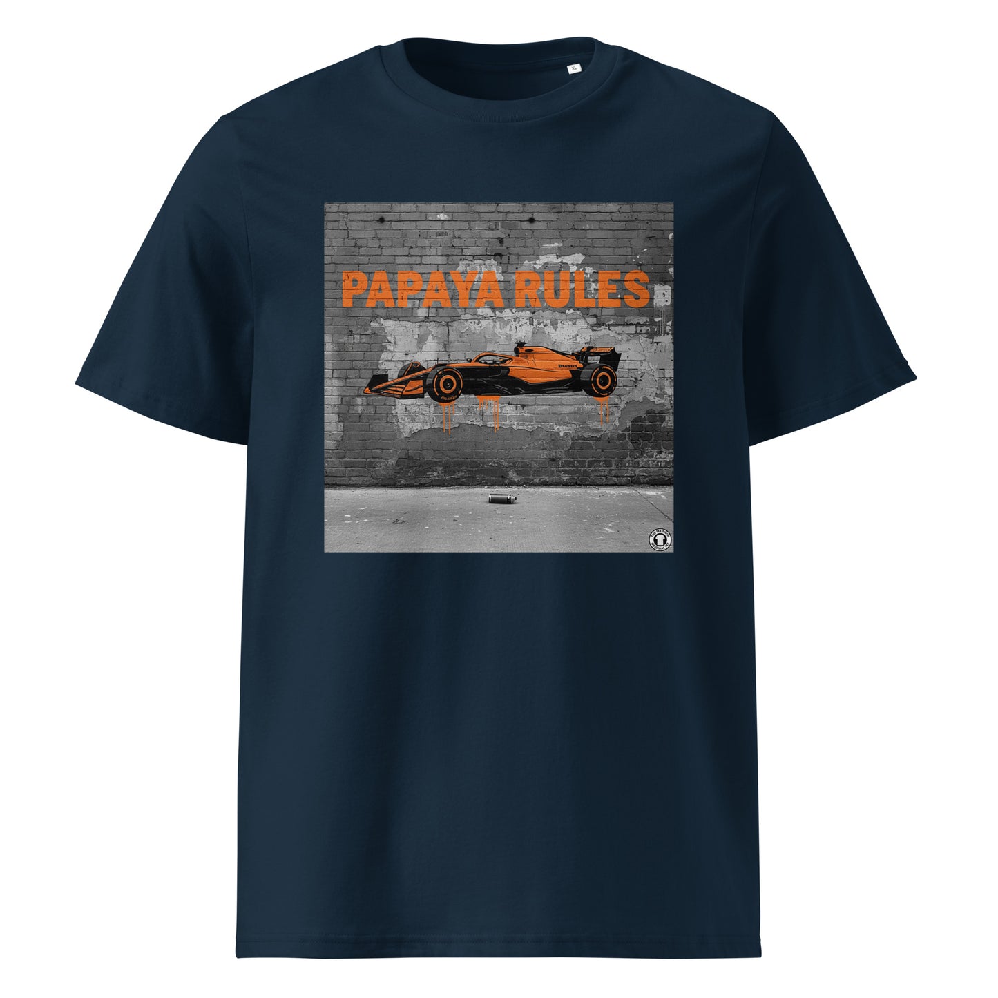 French Navy organic cotton t-shirt with Papaya Rules 2.0 graffiti art featuring a papaya orange F1 car and bold street art, designed for McLaren fans by TheTeeShop.