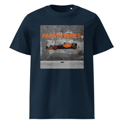 French Navy organic cotton t-shirt with Papaya Rules 2.0 graffiti art featuring a papaya orange F1 car and bold street art, designed for McLaren fans by TheTeeShop.