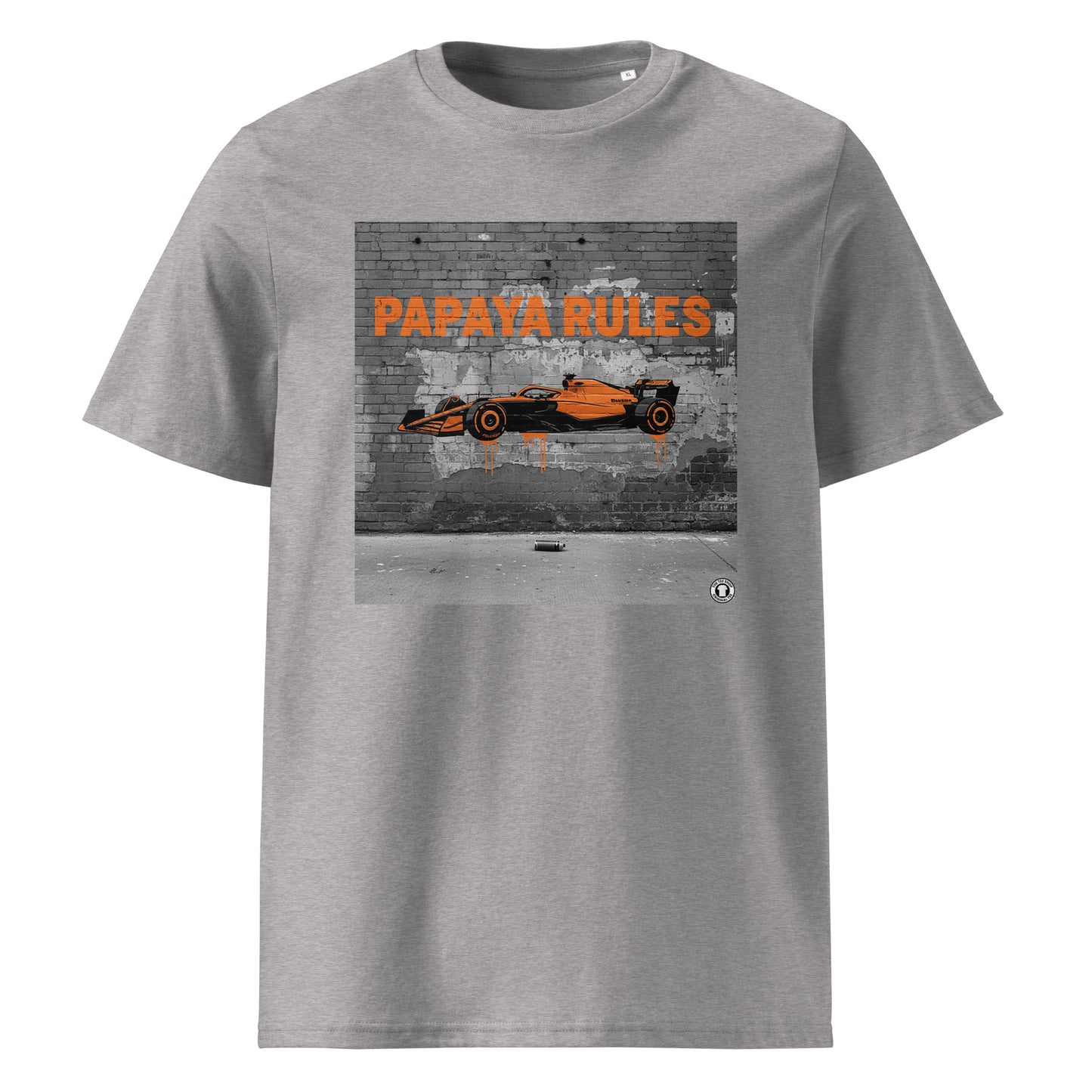 Heather Grey organic cotton t-shirt with Papaya Rules 2.0 graffiti art featuring a papaya orange F1 car and bold street art, designed for McLaren fans by TheTeeShop.