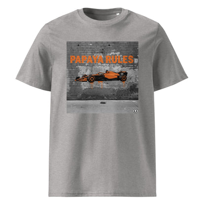 Heather Grey organic cotton t-shirt with Papaya Rules 2.0 graffiti art featuring a papaya orange F1 car and bold street art, designed for McLaren fans by TheTeeShop.