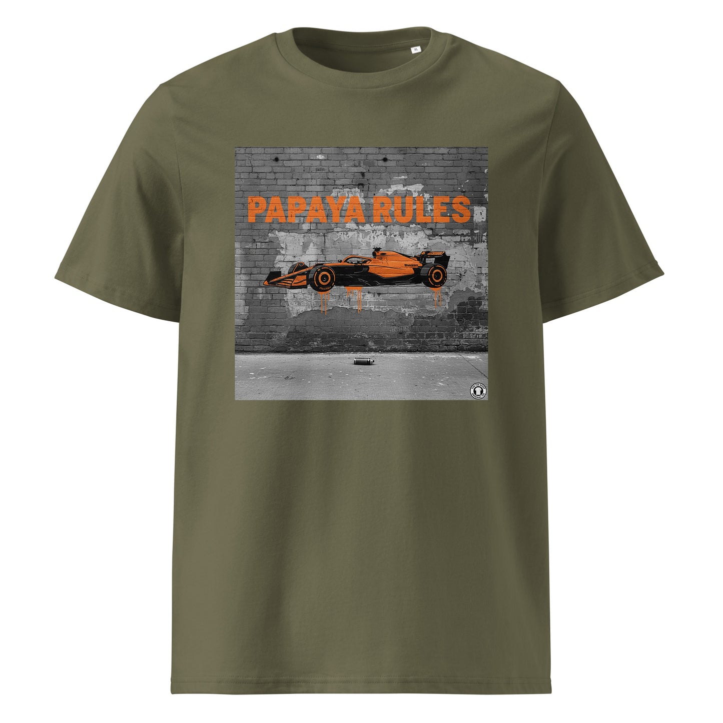 Khaki organic cotton t-shirt with Papaya Rules 2.0 graffiti art featuring a papaya orange F1 car and bold street art, designed for McLaren fans by TheTeeShop.