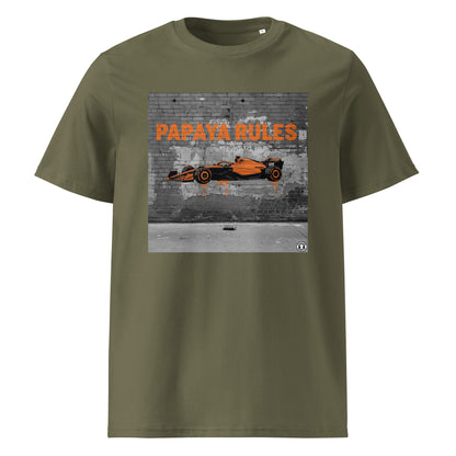 Khaki organic cotton t-shirt with Papaya Rules 2.0 graffiti art featuring a papaya orange F1 car and bold street art, designed for McLaren fans by TheTeeShop.
