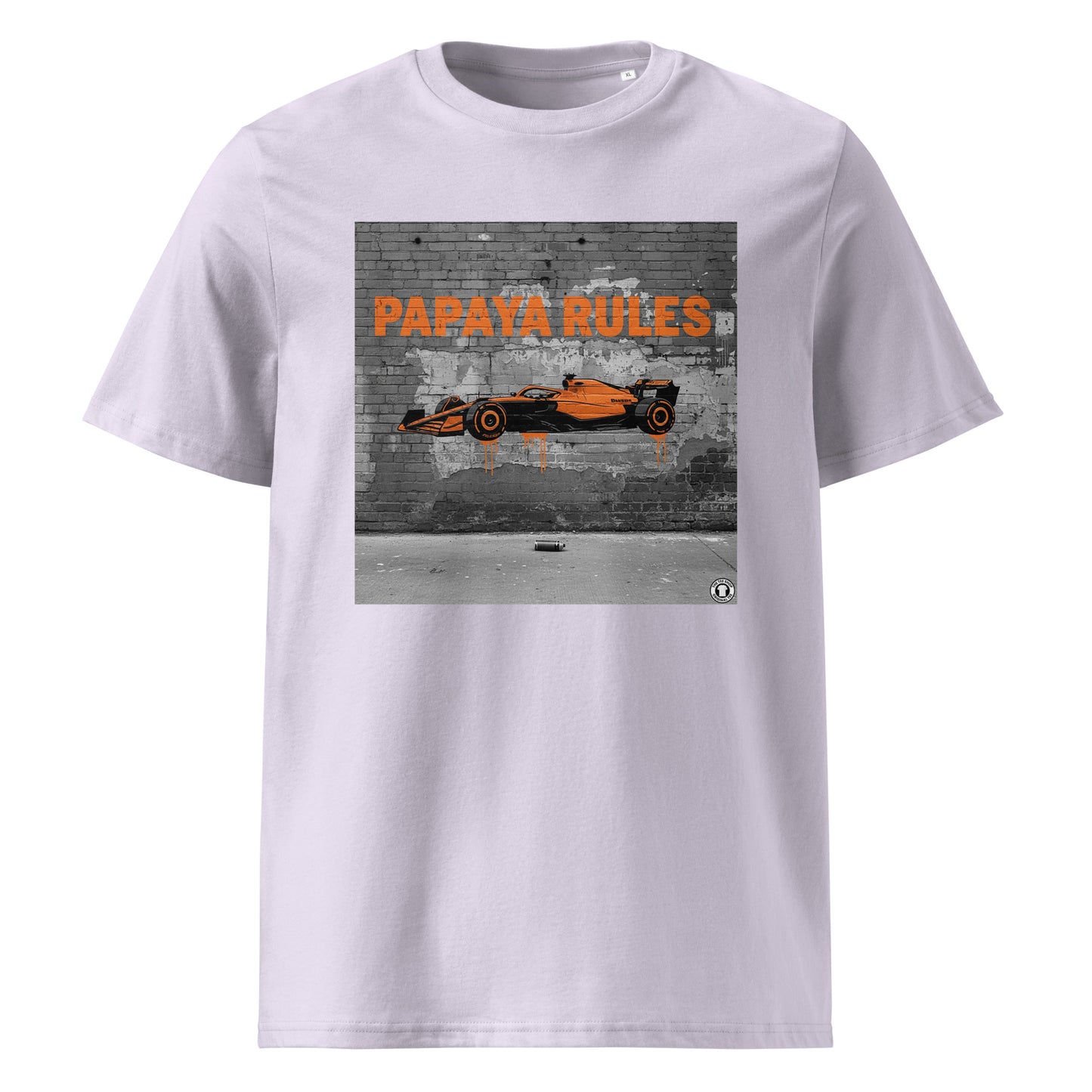 Lavender organic cotton t-shirt with Papaya Rules 2.0 graffiti art featuring a papaya orange F1 car and bold street art, designed for McLaren fans by TheTeeShop.