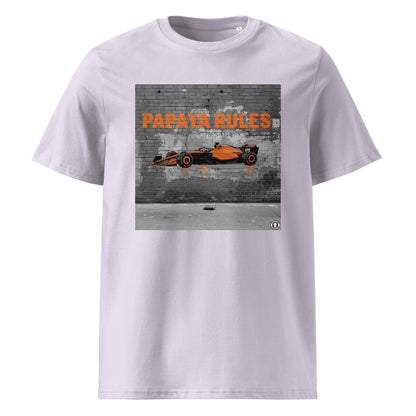 Lavender organic cotton t-shirt with Papaya Rules 2.0 graffiti art featuring a papaya orange F1 car and bold street art, designed for McLaren fans by TheTeeShop.