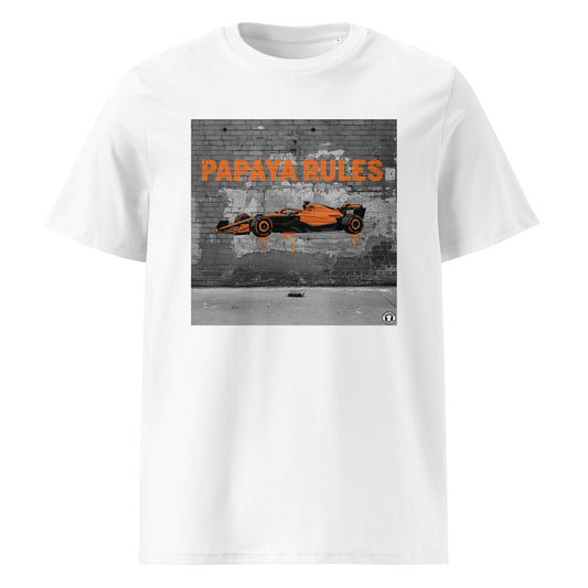 White organic cotton t-shirt with Papaya Rules 2.0 graffiti art featuring a papaya orange F1 car and bold street art, designed for McLaren fans by TheTeeShop.