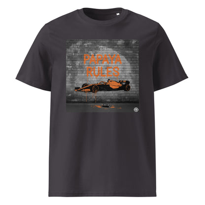 Anthracite organic cotton t-shirt with Papaya Rules graffiti art of an F1 car on a brick wall, showcasing bold papaya orange and black design by TheTeeShop.