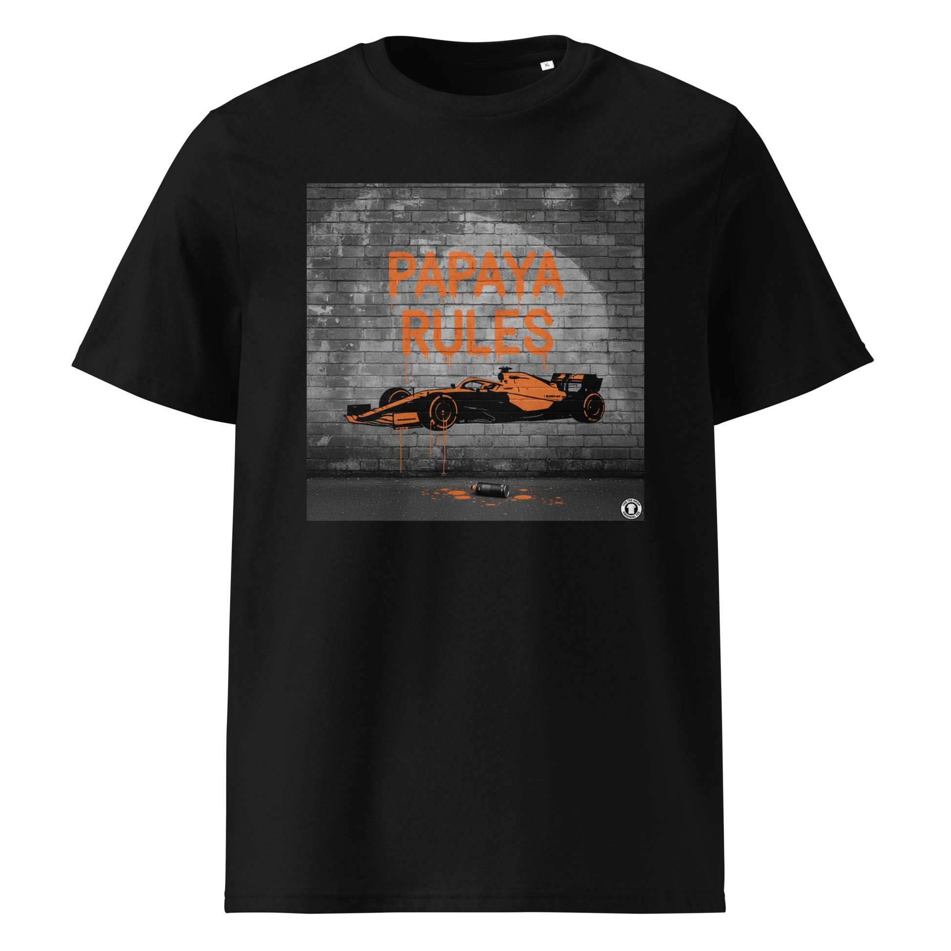 Black organic cotton t-shirt with Papaya Rules graffiti art of an F1 car on a brick wall, showcasing bold papaya orange and black design by TheTeeShop.