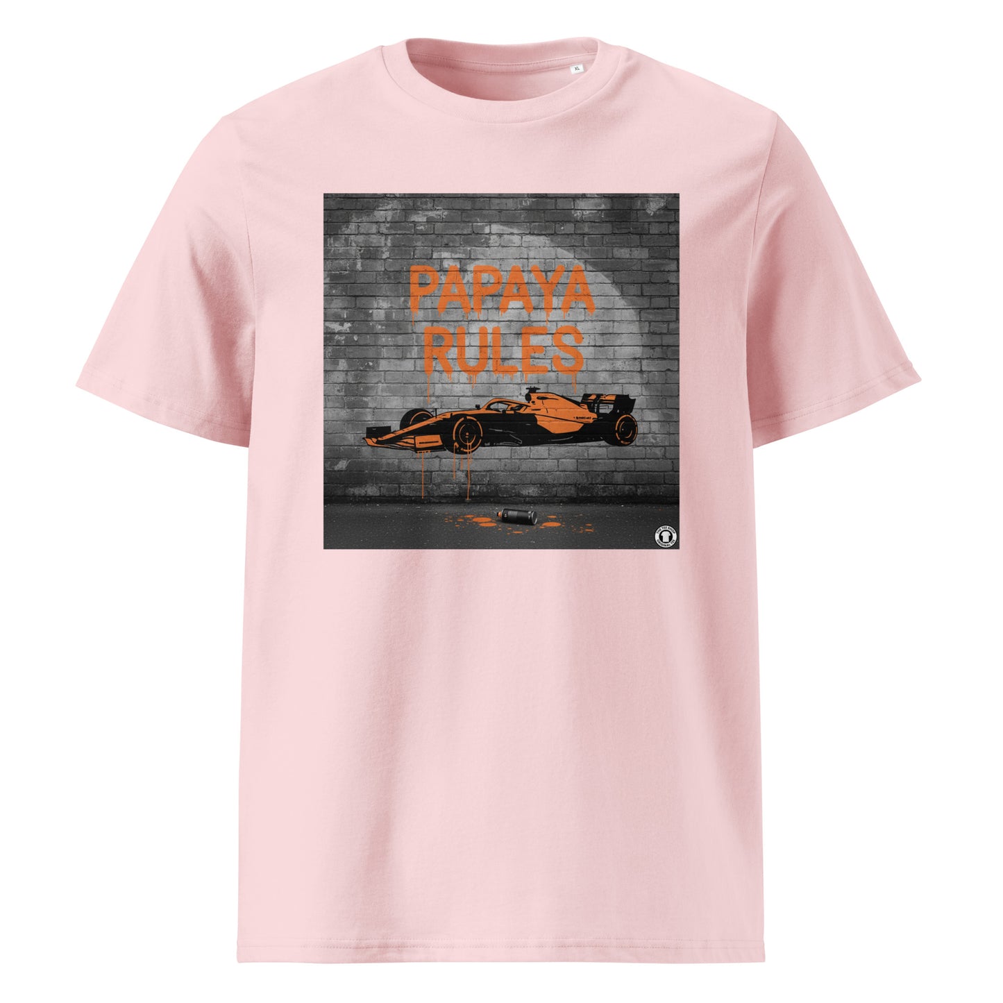 Pink Cotton organic cotton t-shirt with Papaya Rules graffiti art of an F1 car on a brick wall, showcasing bold papaya orange and black design by TheTeeShop.