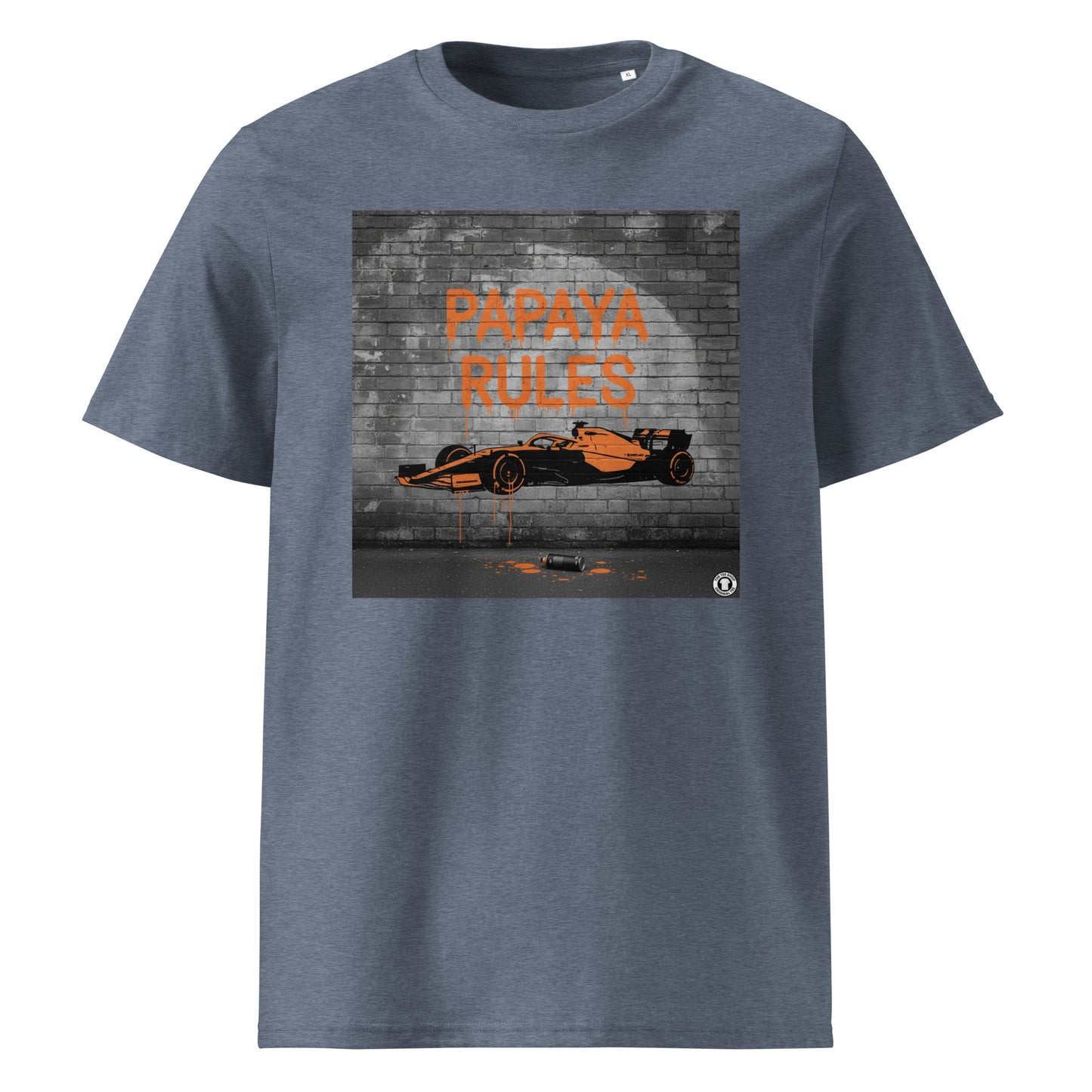 Dark Heather Blue organic cotton t-shirt with Papaya Rules graffiti art of an F1 car on a brick wall, showcasing bold papaya orange and black design by TheTeeShop.