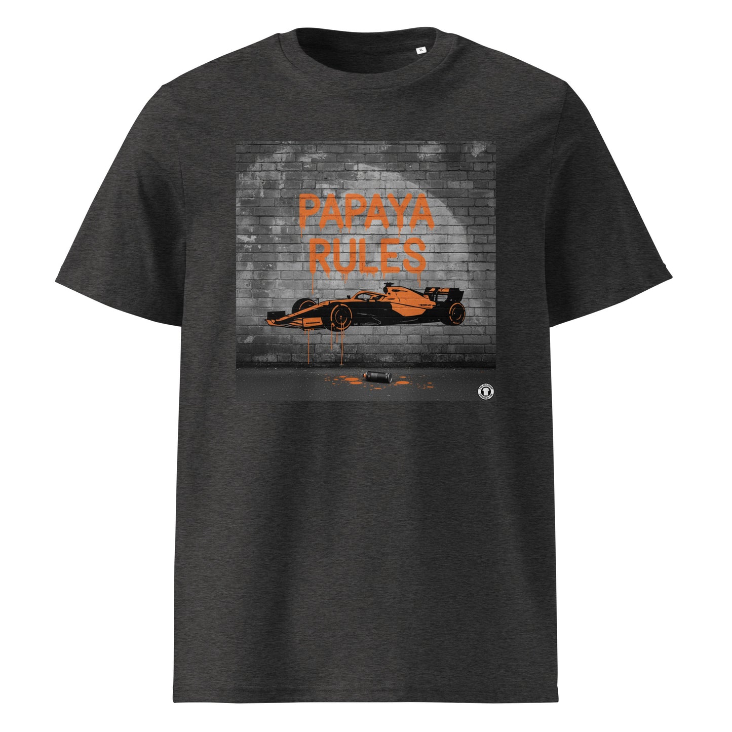 Dark Heather Grey organic cotton t-shirt with Papaya Rules graffiti art of an F1 car on a brick wall, showcasing bold papaya orange and black design by TheTeeShop.