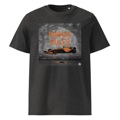 Dark Heather Grey organic cotton t-shirt with Papaya Rules graffiti art of an F1 car on a brick wall, showcasing bold papaya orange and black design by TheTeeShop.