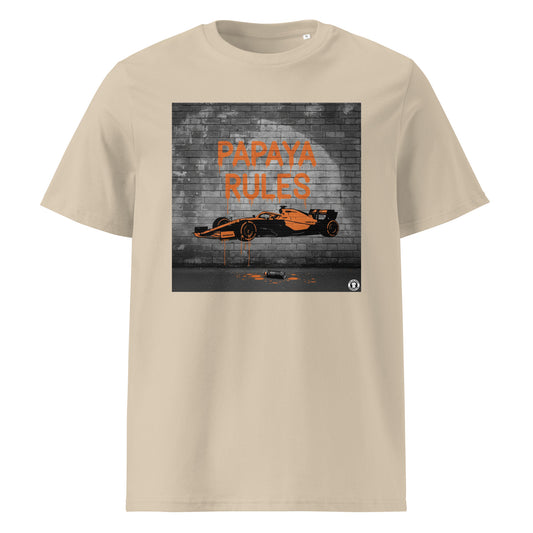 Desert Dust organic cotton t-shirt with Papaya Rules graffiti art of an F1 car on a brick wall, showcasing bold papaya orange and black design by TheTeeShop.