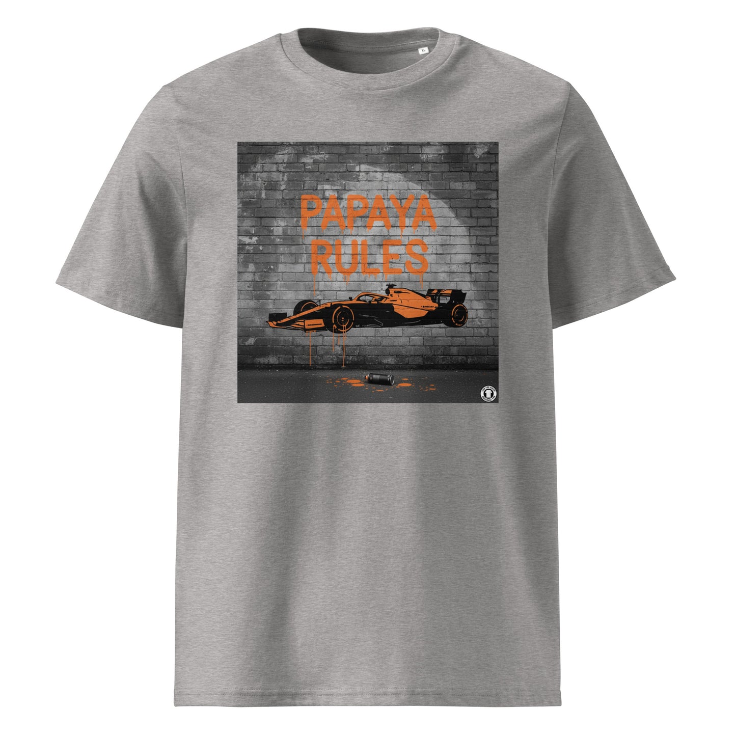 Heather Grey organic cotton t-shirt with Papaya Rules graffiti art of an F1 car on a brick wall, showcasing bold papaya orange and black design by TheTeeShop.