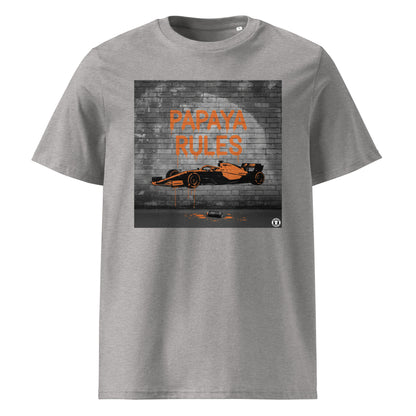 Heather Grey organic cotton t-shirt with Papaya Rules graffiti art of an F1 car on a brick wall, showcasing bold papaya orange and black design by TheTeeShop.