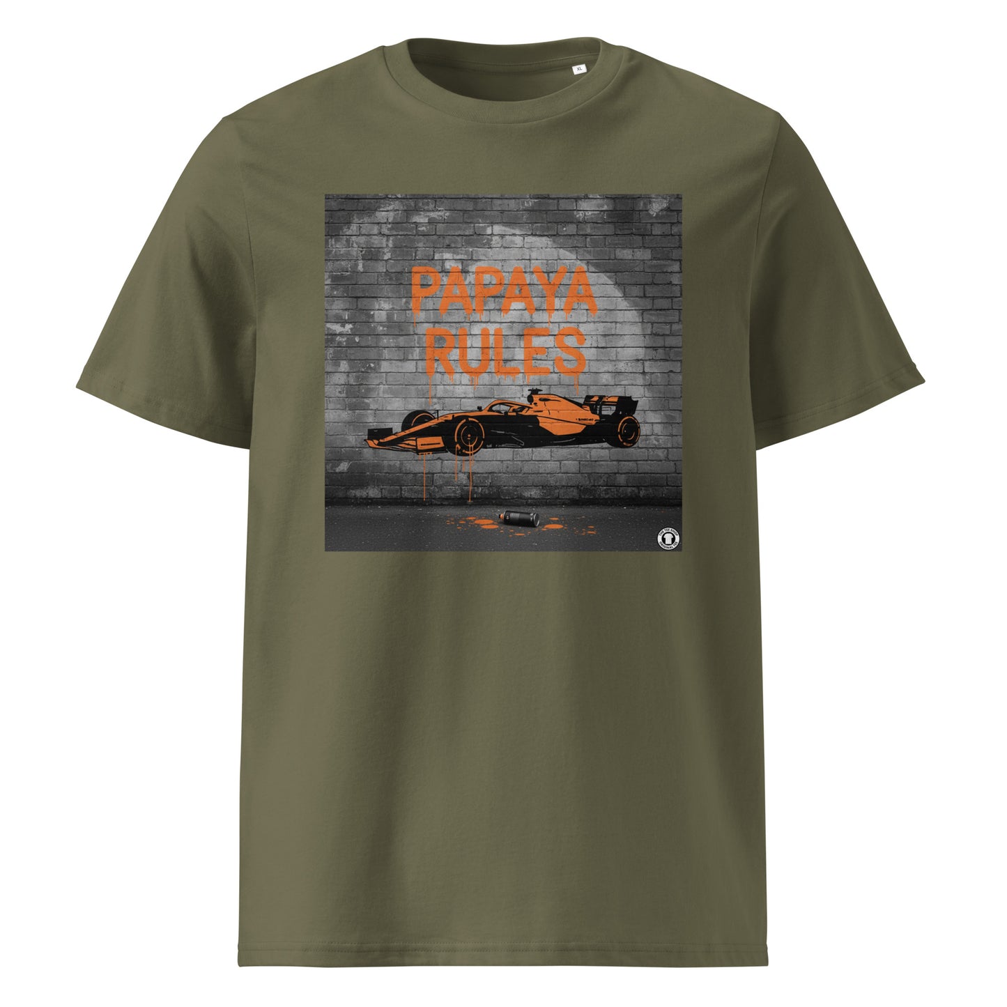 Khaki organic cotton t-shirt with Papaya Rules graffiti art of an F1 car on a brick wall, showcasing bold papaya orange and black design by TheTeeShop.