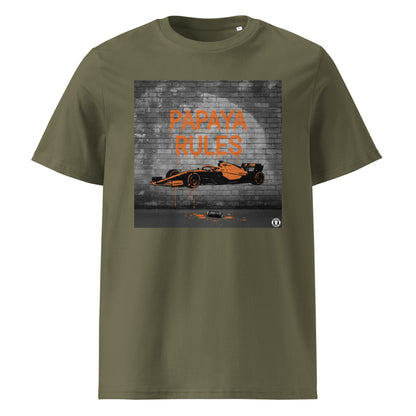 Khaki organic cotton t-shirt with Papaya Rules graffiti art of an F1 car on a brick wall, showcasing bold papaya orange and black design by TheTeeShop.