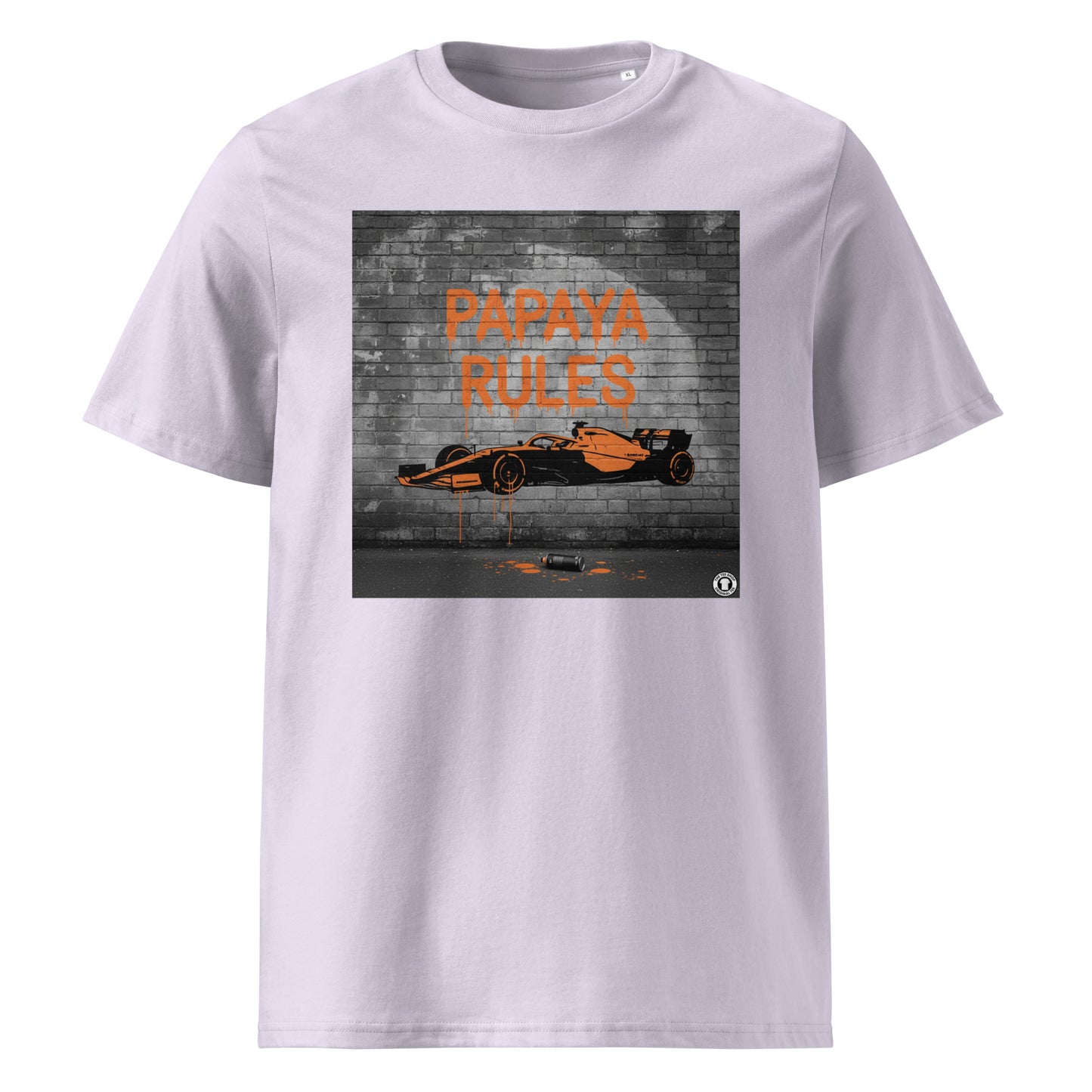 Lavender organic cotton t-shirt with Papaya Rules graffiti art of an F1 car on a brick wall, showcasing bold papaya orange and black design by TheTeeShop.
